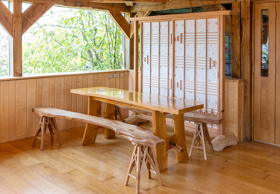 English Beech and Oak Trestle Table with Benches